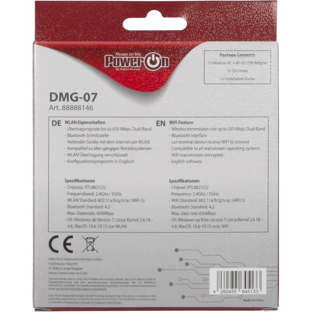 Inter-Tech DMG-07 | Wi-Fi 5 & Bluetooth 4.2 USB Adapter | 650 Mbps | Dual-band (2,4 GHz / 5 GHz) | Zwart 2 4 GHz / 5 GHz) | Zwart
