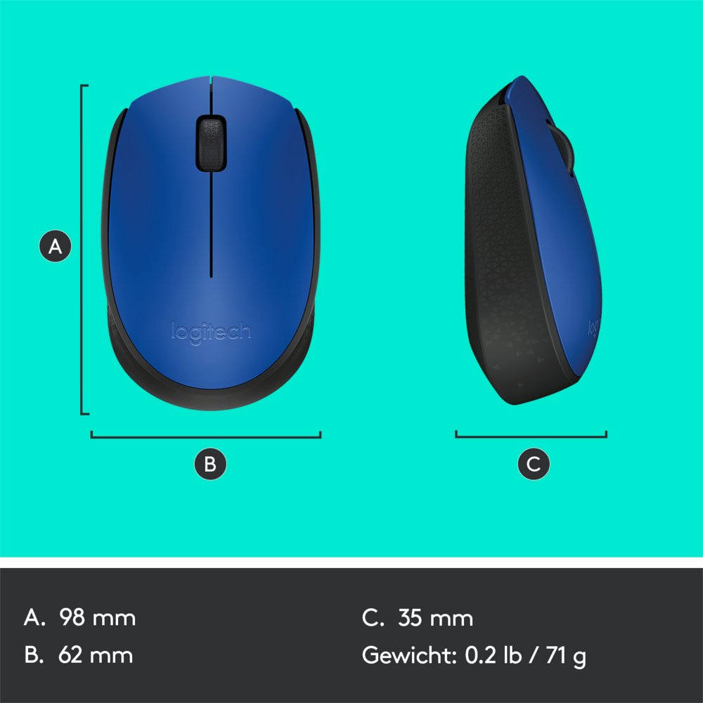 Logitech M171 | Draadloze Muis | Links- en Rechtshandig | RF | 1000 DPI | Zwart/Blauw 9 Logitech M171 | Draadloze Muis | Links- en Rechtshandig | RF | 1000 DPI | Zwart/Blauw - Afbeelding 9