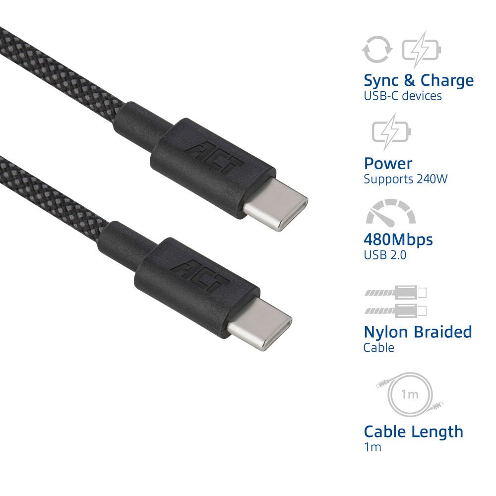 ACT AC3086 | USB 2.0 Kabel | USB-C naar USB-C | 240W | 480Mbps | Zwart | 1 Meter 6 ACT AC3086 | USB 2.0 Kabel | USB-C naar USB-C | 240W | 480Mbps | Zwart | 1 Meter - Afbeelding 6