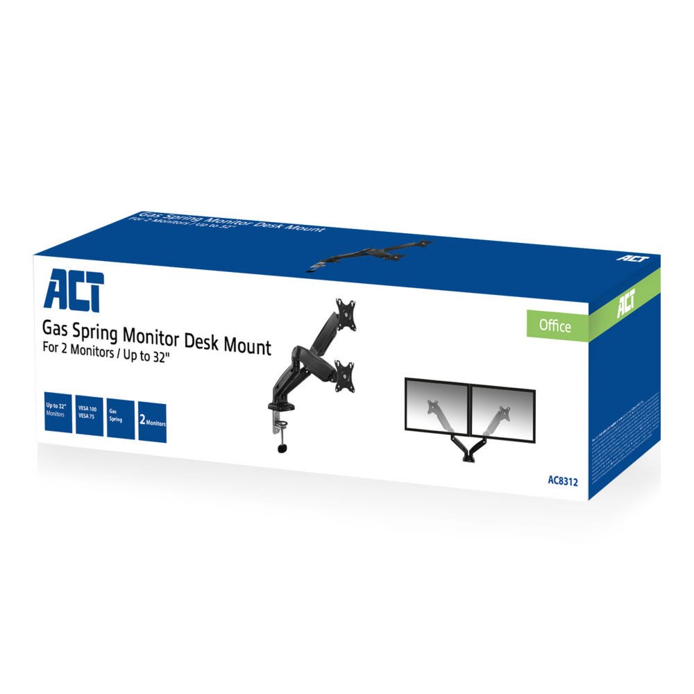 ACT AC8312 | Verstelbare Monitor-bureaubeugel | Tot 32" | Max 9kg | VESA 100x100 | 2 Monitoren 3 ACT AC8312 | Verstelbare Monitor-bureaubeugel | Tot 32" | Max 9kg | VESA 100x100 | 2 Monitoren - Afbeelding 3