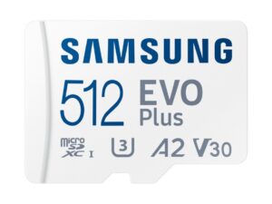 Samsung EVO Plus | MicroSDXC | 512GB | Class 10 | UHS-I U3 | V30 | A2 | Tot 160MB/s | Inclusief adapter