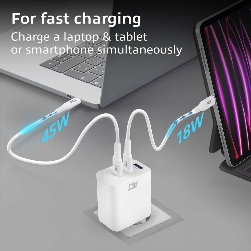 ACT AC2170 USB-C/USB-A Lader | 3-Poorts met PPS, QuickCharge & GaNFast | 65W 2 QuickCharge & GaNFast | 65W