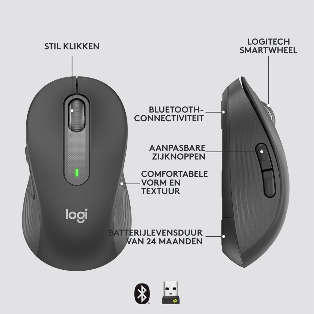 Logitech Signature M650 | Draadloze Muis | RF-Draadloos + Bluetooth | 1000 DPI | Grafiet 11 Logitech Signature M650 | Draadloze Muis | RF-Draadloos + Bluetooth | 1000 DPI | Grafiet - Afbeelding 11