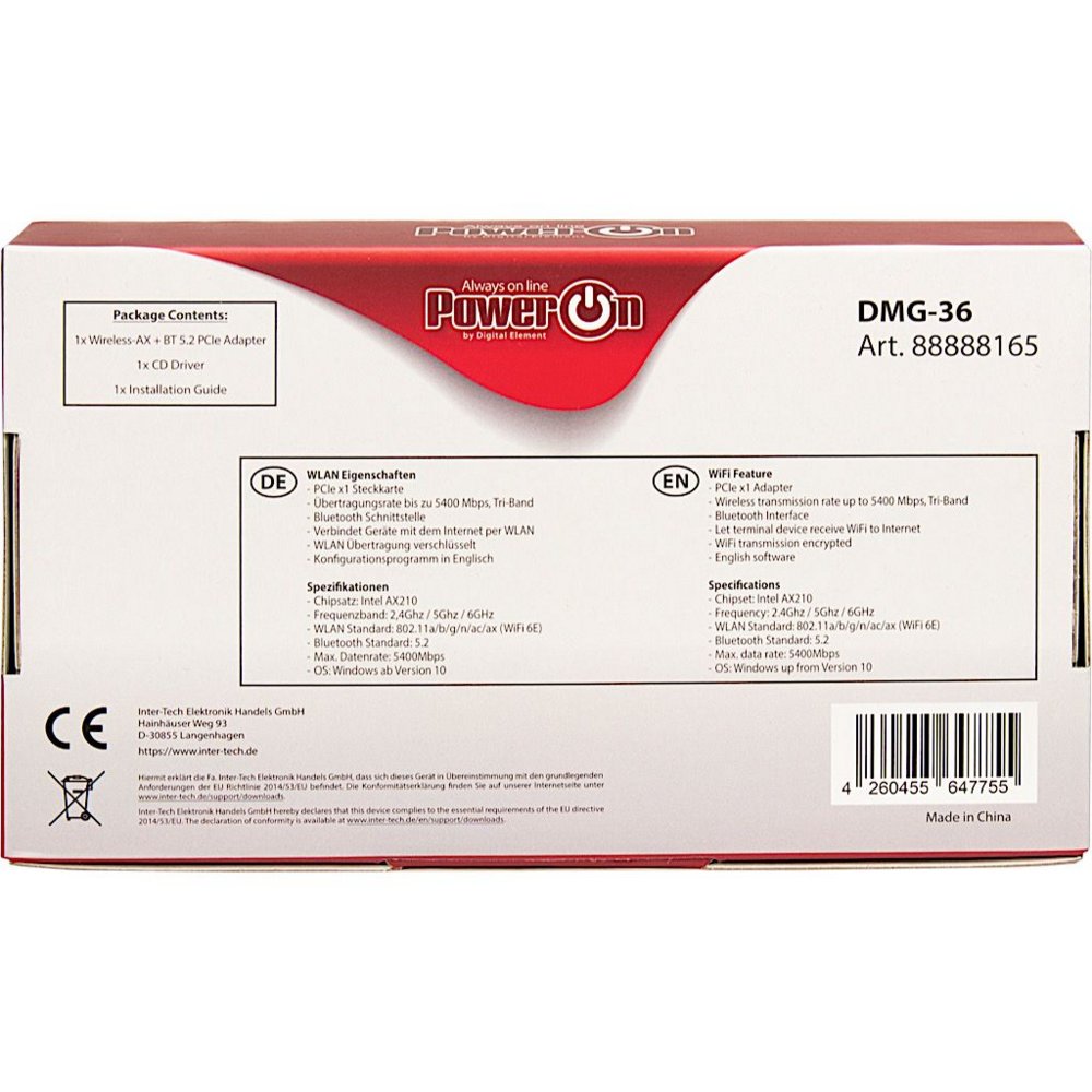 Inter-Tech DMG-36 Interne Adapter | WLAN: 802.11 a/b/g/n/ac/ax (Wi-Fi 6E) | Tot 5400 Mbit/s | Bluetooth 5.2 4 Inter-Tech DMG-36 Interne Adapter | WLAN: 802.11 a/b/g/n/ac/ax (Wi-Fi 6E) | Tot 5400 Mbit/s | Bluetooth 5.2 - Afbeelding 4