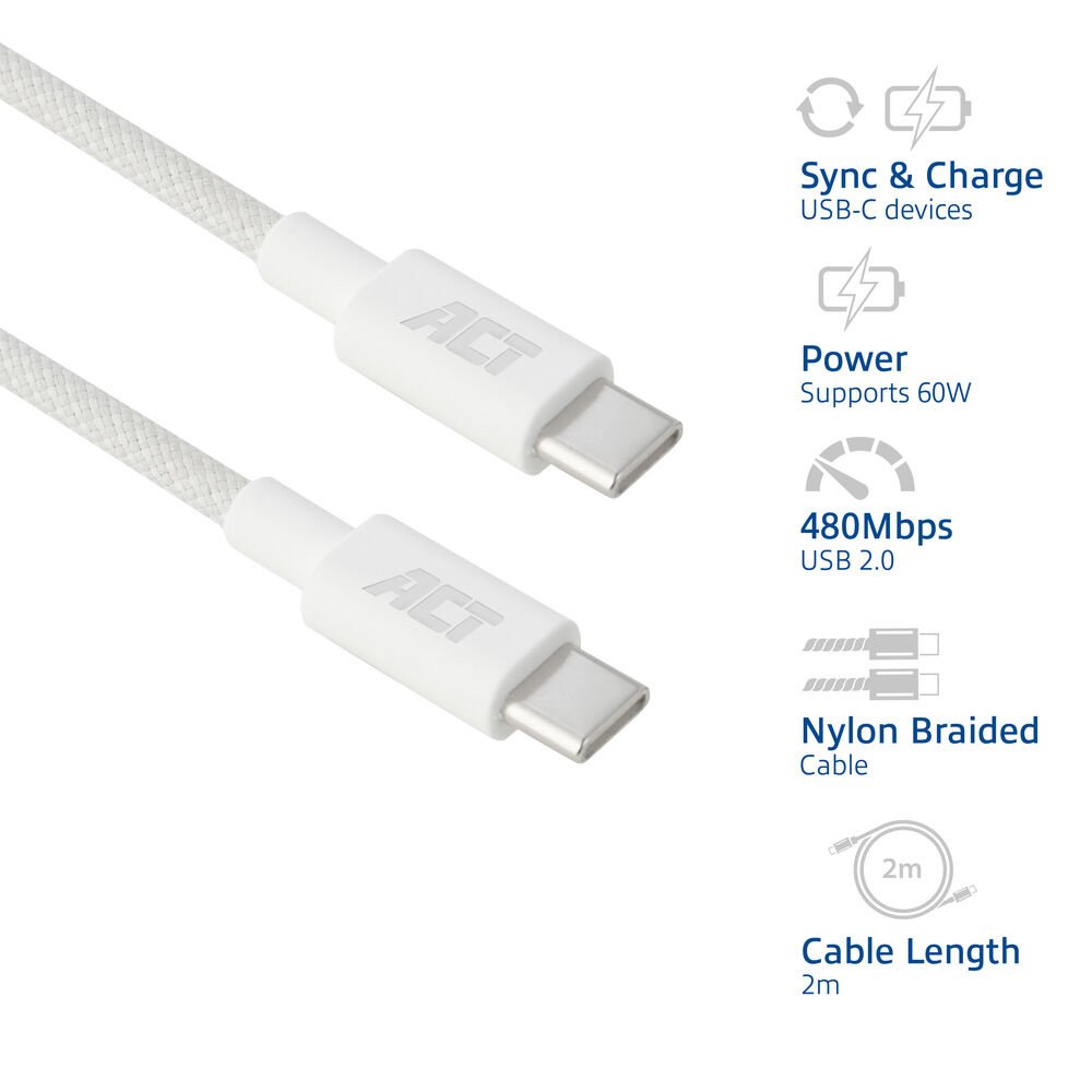 ACT AC3081 | USB 2.0 Kabel | USB-C naar USB-C | 60W | 480Mbps | Wit | 2 Meter 5 ACT AC3081 | USB 2.0 Kabel | USB-C naar USB-C | 60W | 480Mbps | Wit | 2 Meter - Afbeelding 5
