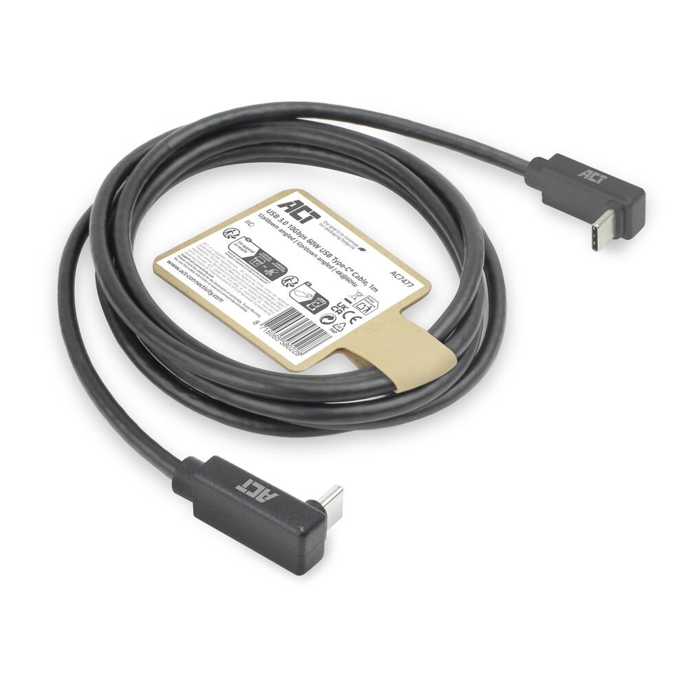 ACT AC7477 | USB 3.2 Gen 2 Kabel | USB-C (haaks boven/beneden) naar USB-C (haaks boven/beneden) | 60W | 10Gbps | 1m | Zwart 7 ACT AC7477 | USB 3.2 Gen 2 Kabel | USB-C (haaks boven/beneden) naar USB-C (haaks boven/beneden) | 60W | 10Gbps | 1m | Zwart - Afbeelding 7