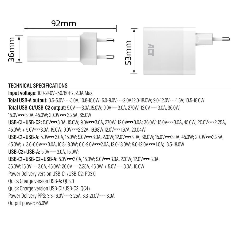 ACT AC2170 USB-C/USB-A Lader | 3-Poorts met PPS, QuickCharge & GaNFast | 65W 5 ACT AC2170 USB-C/USB-A Lader | 3-Poorts met PPS, QuickCharge & GaNFast | 65W - Afbeelding 5