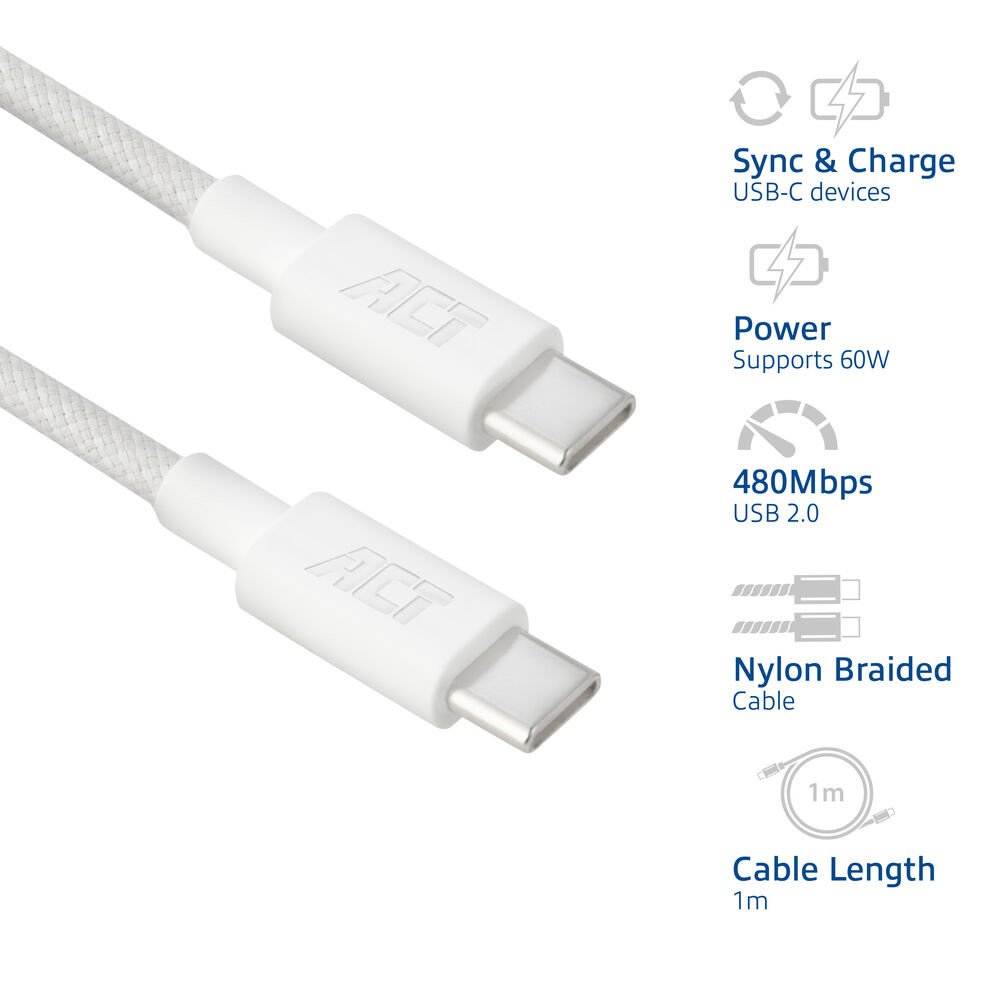 ACT AC3080 | USB 2.0 Kabel | USB-C naar USB-C | 60W | 480Mbps | Wit | 1 Meter 5 ACT AC3080 | USB 2.0 Kabel | USB-C naar USB-C | 60W | 480Mbps | Wit | 1 Meter - Afbeelding 5