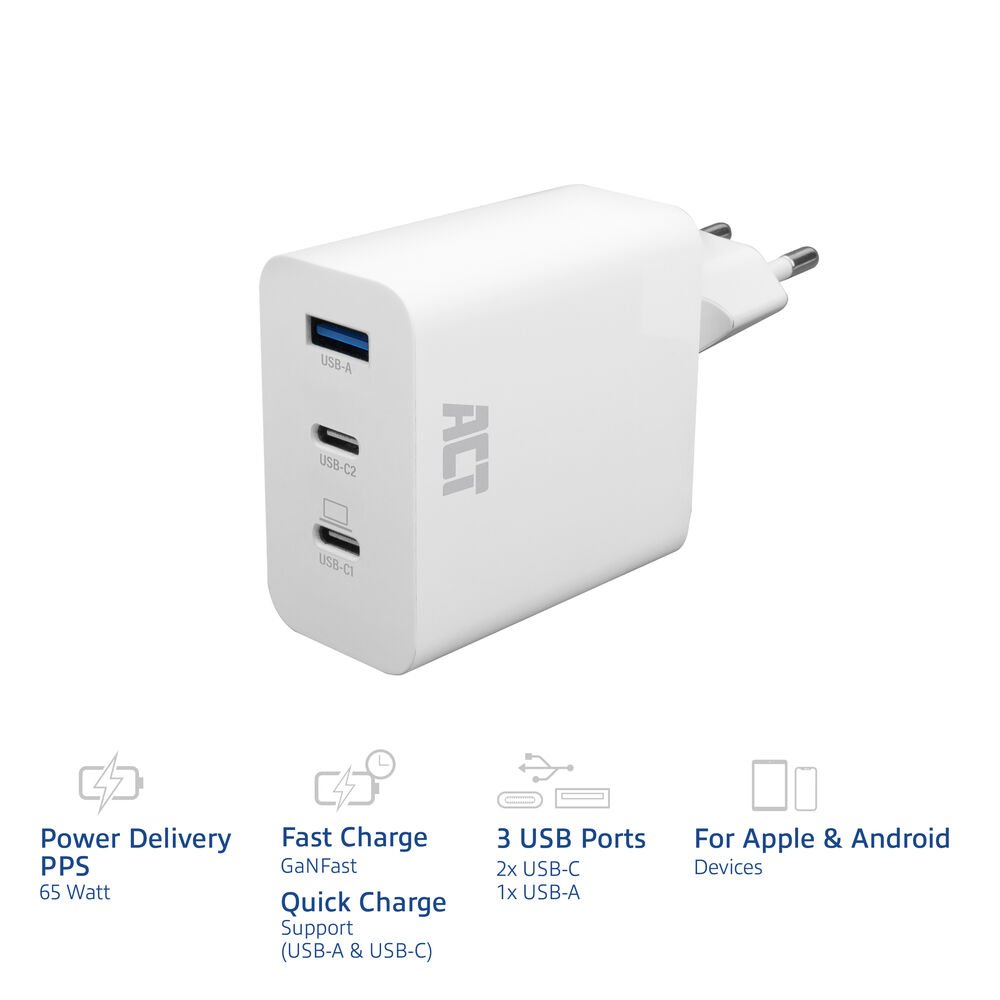 ACT AC2170 USB-C/USB-A Lader | 3-Poorts met PPS, QuickCharge & GaNFast | 65W 6 ACT AC2170 USB-C/USB-A Lader | 3-Poorts met PPS, QuickCharge & GaNFast | 65W - Afbeelding 6