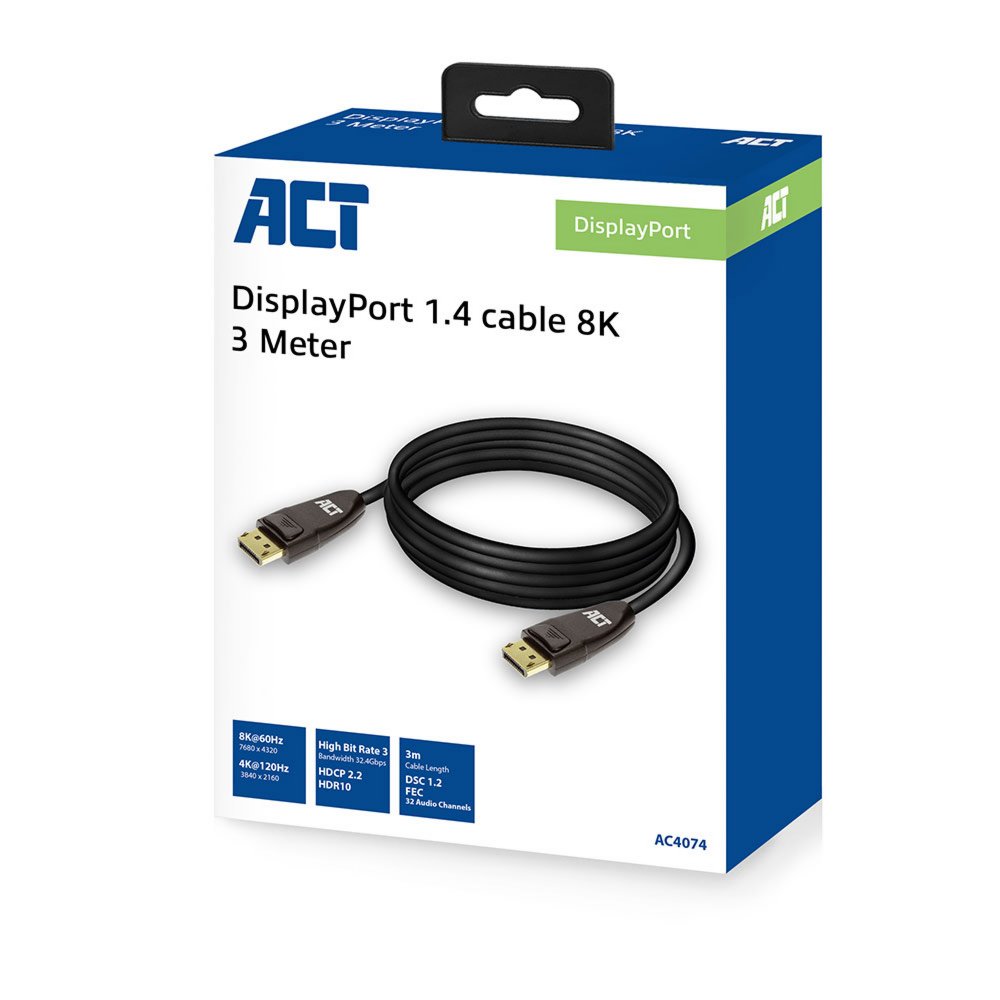 ACT AC4074 | DisplayPort 1.4 Kabel | 3 meter | 8K @60Hz | 4K @120Hz 4 ACT AC4074 | DisplayPort 1.4 Kabel | 3 meter | 8K @60Hz | 4K @120Hz - Afbeelding 4