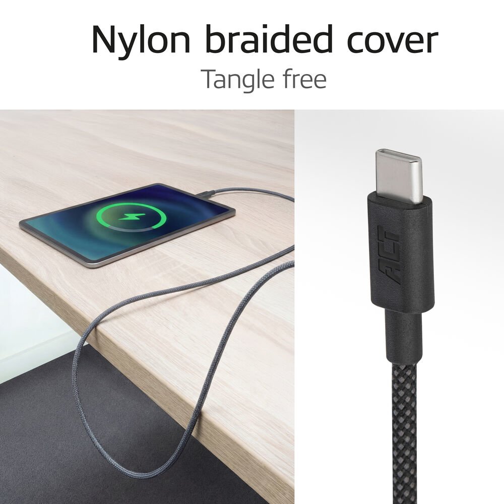 ACT AC3082 | USB 2.0 Kabel | USB-C naar USB-C | 60W | 480Mbps | Zwart | 1 Meter 3 ACT AC3082 | USB 2.0 Kabel | USB-C naar USB-C | 60W | 480Mbps | Zwart | 1 Meter - Afbeelding 3