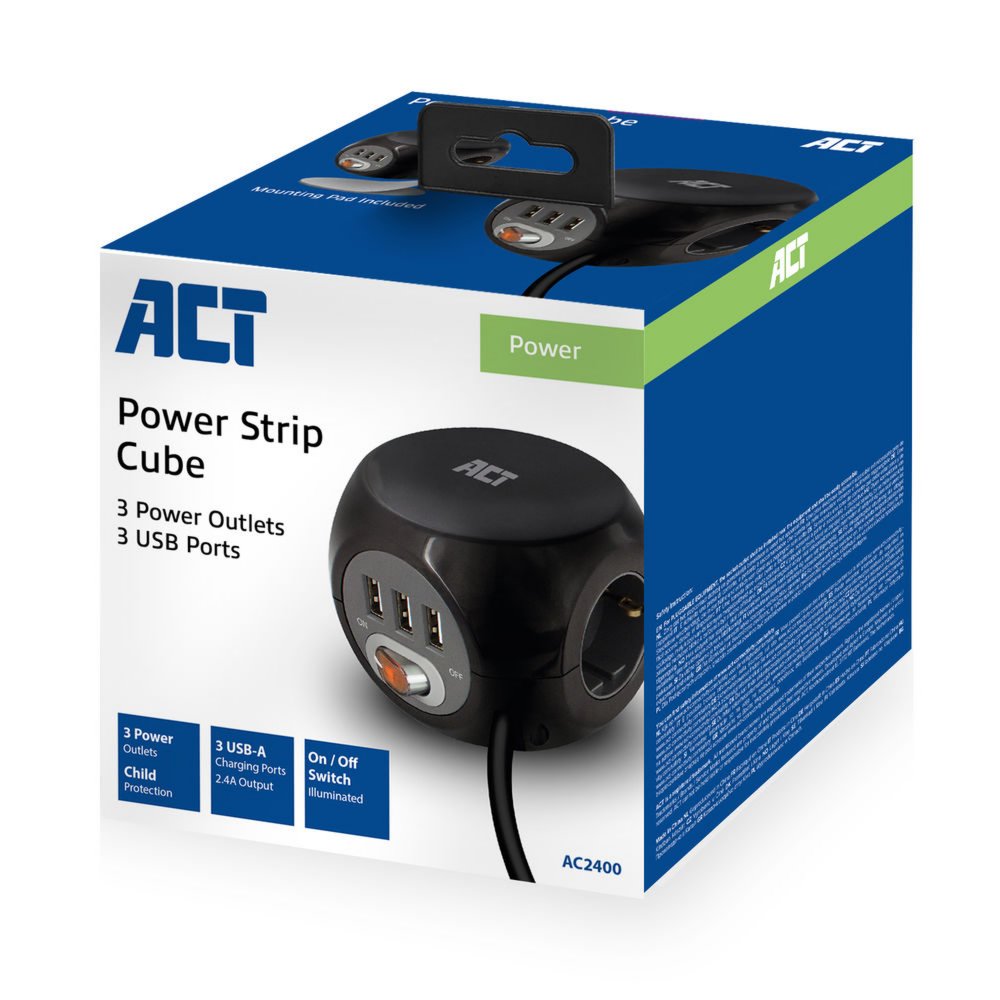 ACT AC2400 | Stekkerdoos | 3 Stopcontacten | Zwart 4 ACT AC2400 | Stekkerdoos | 3 Stopcontacten | Zwart - Afbeelding 4