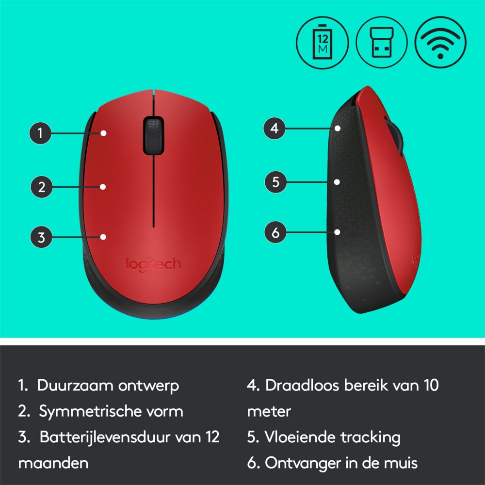 Logitech M171 | Draadloze Muis | Links- en Rechtshandig | RF | 1000 DPI | Rood/Zwart 8 Logitech M171 | Draadloze Muis | Links- en Rechtshandig | RF | 1000 DPI | Rood/Zwart - Afbeelding 8