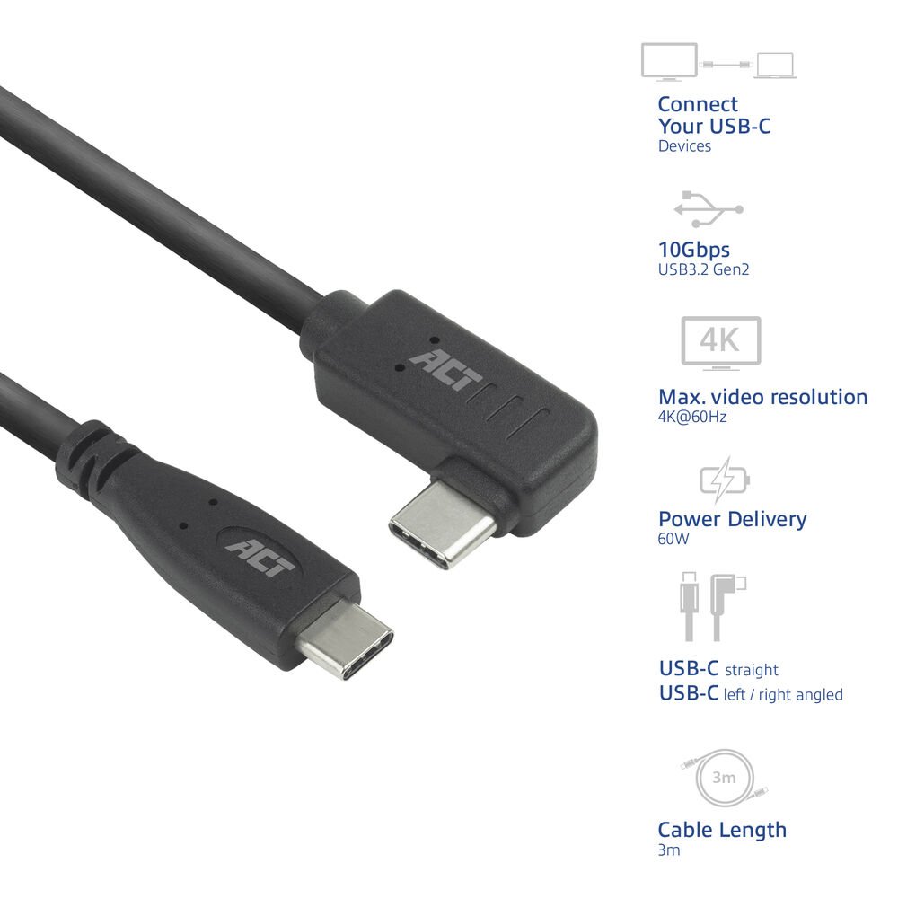 ACT AC7408 | USB 3.2 Gen 2 Kabel | USB-C (recht) naar USB-C (haaks links/rechts) | 60W | 10Gbps | 3m | Zwart 6 ACT AC7408 | USB 3.2 Gen 2 Kabel | USB-C (recht) naar USB-C (haaks links/rechts) | 60W | 10Gbps | 3m | Zwart - Afbeelding 6