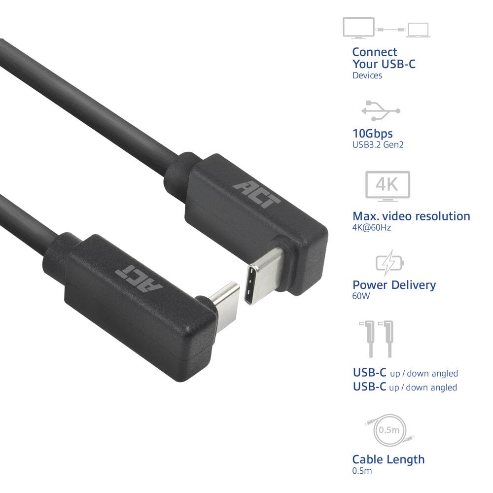 ACT AC7476 | USB 3.2 Gen 2 Kabel | USB-C (haaks boven/beneden) naar USB-C (haaks boven/beneden) | 60W | 10Gbps | 0,5m | Zwart 2 5m | Zwart