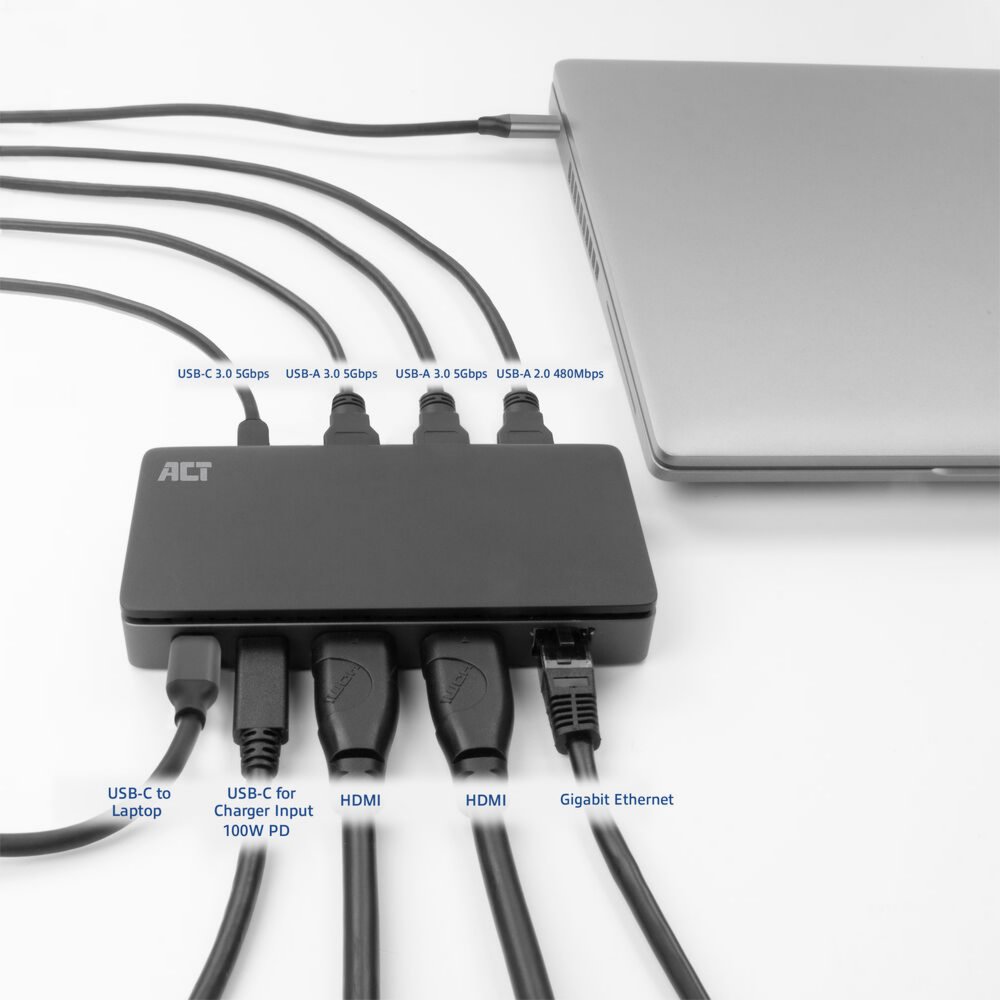 ACT AC7093 | USB-C 4K Docking Station | 2x HDMI + Ethernet + USB-C/USB-A + PD | 1m Kabel 8 ACT AC7093 | USB-C 4K Docking Station | 2x HDMI + Ethernet + USB-C/USB-A + PD | 1m Kabel - Afbeelding 8