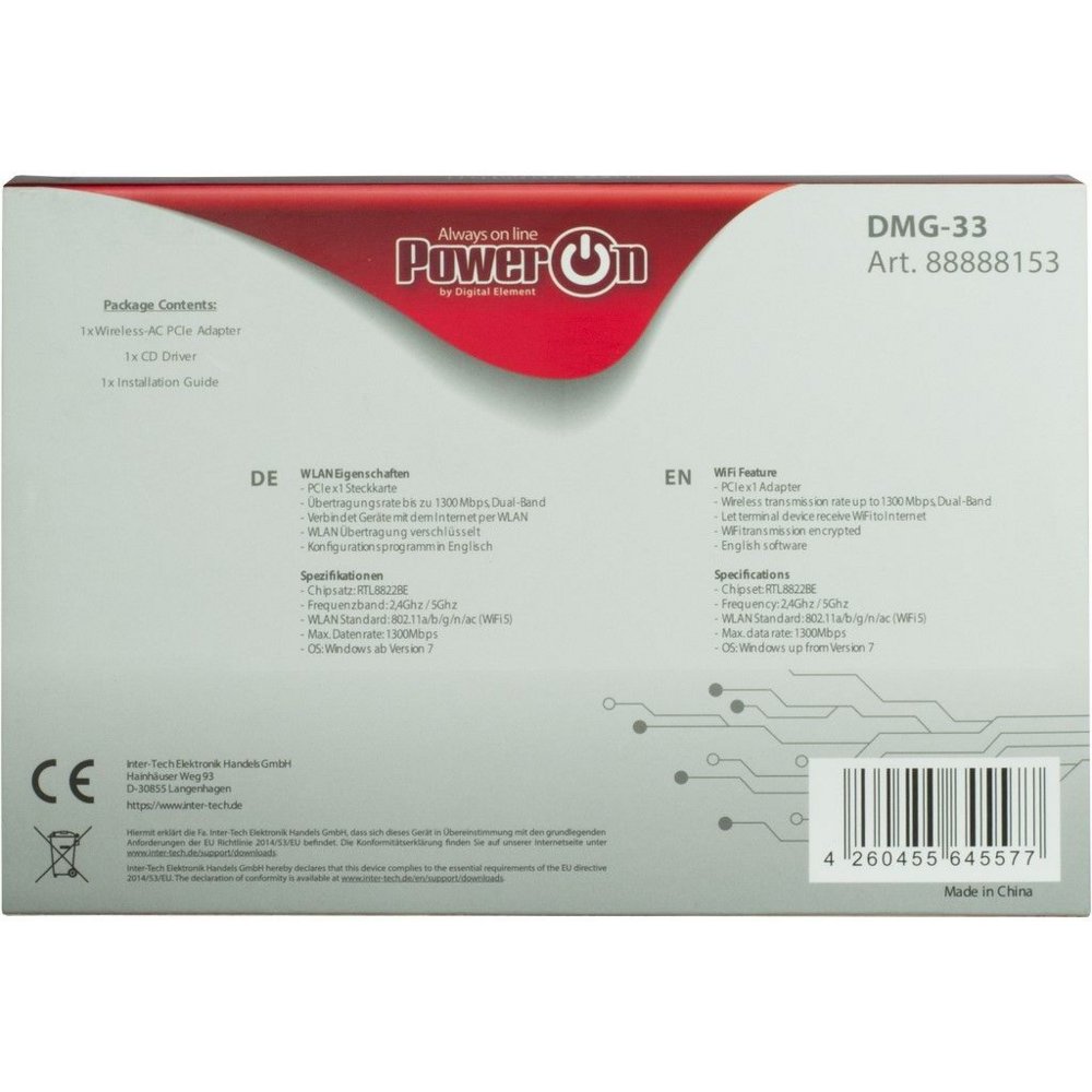 Inter-Tech DMG-33 | Wi-Fi 5 PCIe Adapter | Dual-band (2,4 GHz / 5 GHz) | 1300 Mbps | PCIe x1 4 Inter-Tech DMG-33 | Wi-Fi 5 PCIe Adapter | Dual-band (2,4 GHz / 5 GHz) | 1300 Mbps | PCIe x1 - Afbeelding 4