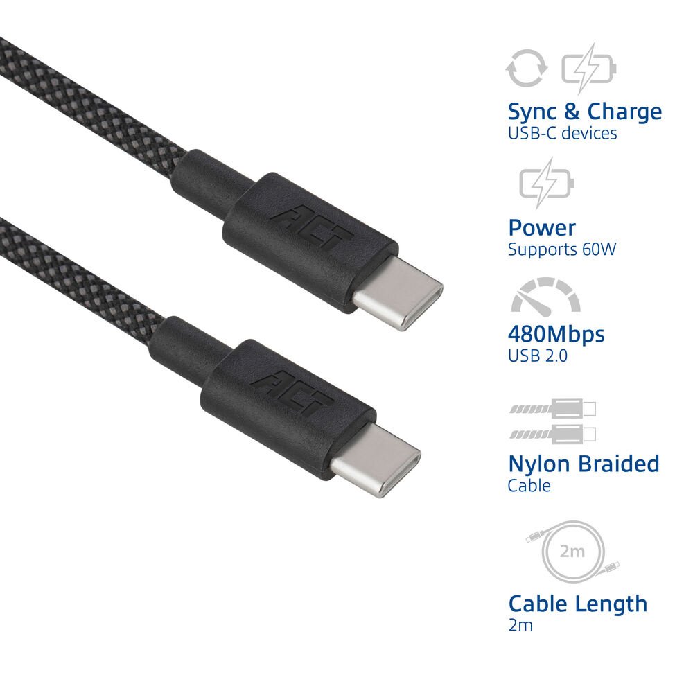 ACT AC3083 | USB 2.0 Kabel | USB-C naar USB-C | 60W | 480Mbps | Zwart | 2 Meter 5 ACT AC3083 | USB 2.0 Kabel | USB-C naar USB-C | 60W | 480Mbps | Zwart | 2 Meter - Afbeelding 5
