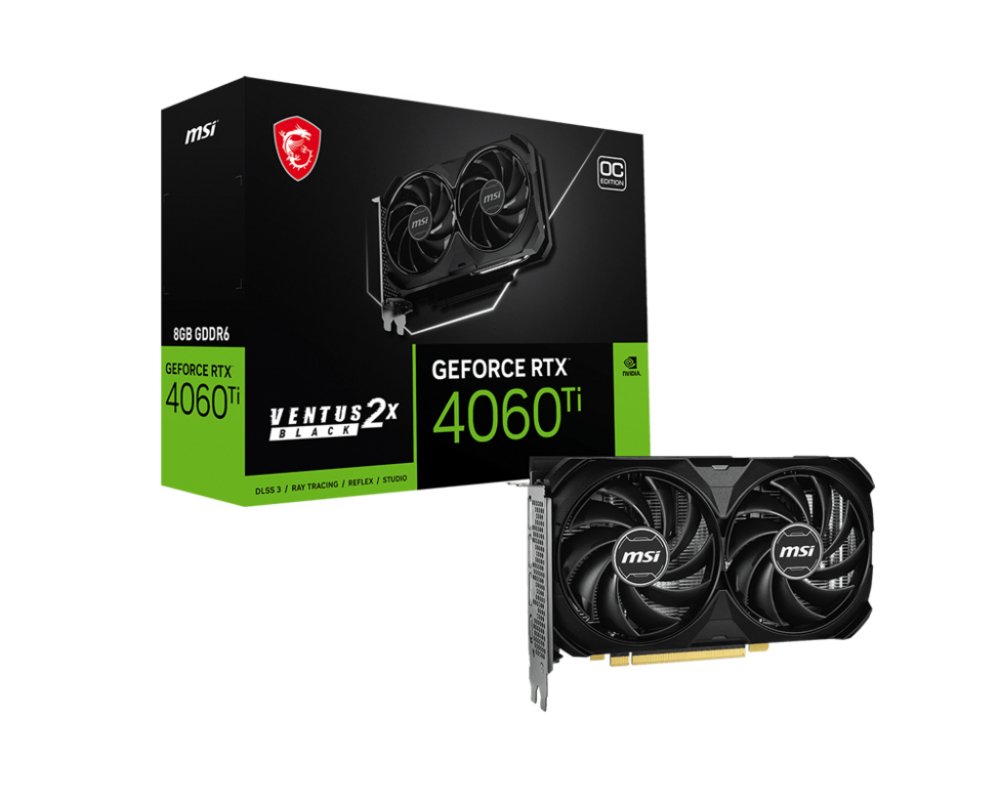MSI GeForce RTX 4060 Ti VENTUS 2X BLACK E1 OC | 8GB GDDR6 VRAM | Videokaart | GPU | Nvidia 1 MSI GeForce RTX 4060 Ti VENTUS 2X BLACK E1 OC | 8GB GDDR6 VRAM | Videokaart | GPU | Nvidia