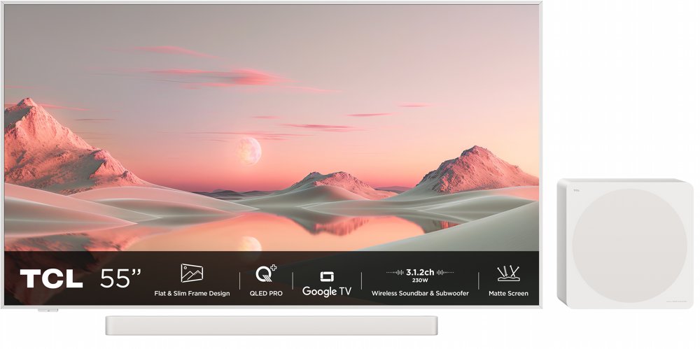 TCL NXTFRAME 55A300PRO | 55" 4K Ultra HD QLED Smart TV | Google TV | Inclusief Soundbar & Subwoofer | Dolby Vision IQ | 120Hz 1 TCL NXTFRAME 55A300PRO | 55" 4K Ultra HD QLED Smart TV | Google TV | Wifi Soundbar & Subwoofer | Dolby Vision IQ | 120Hz Refurbished