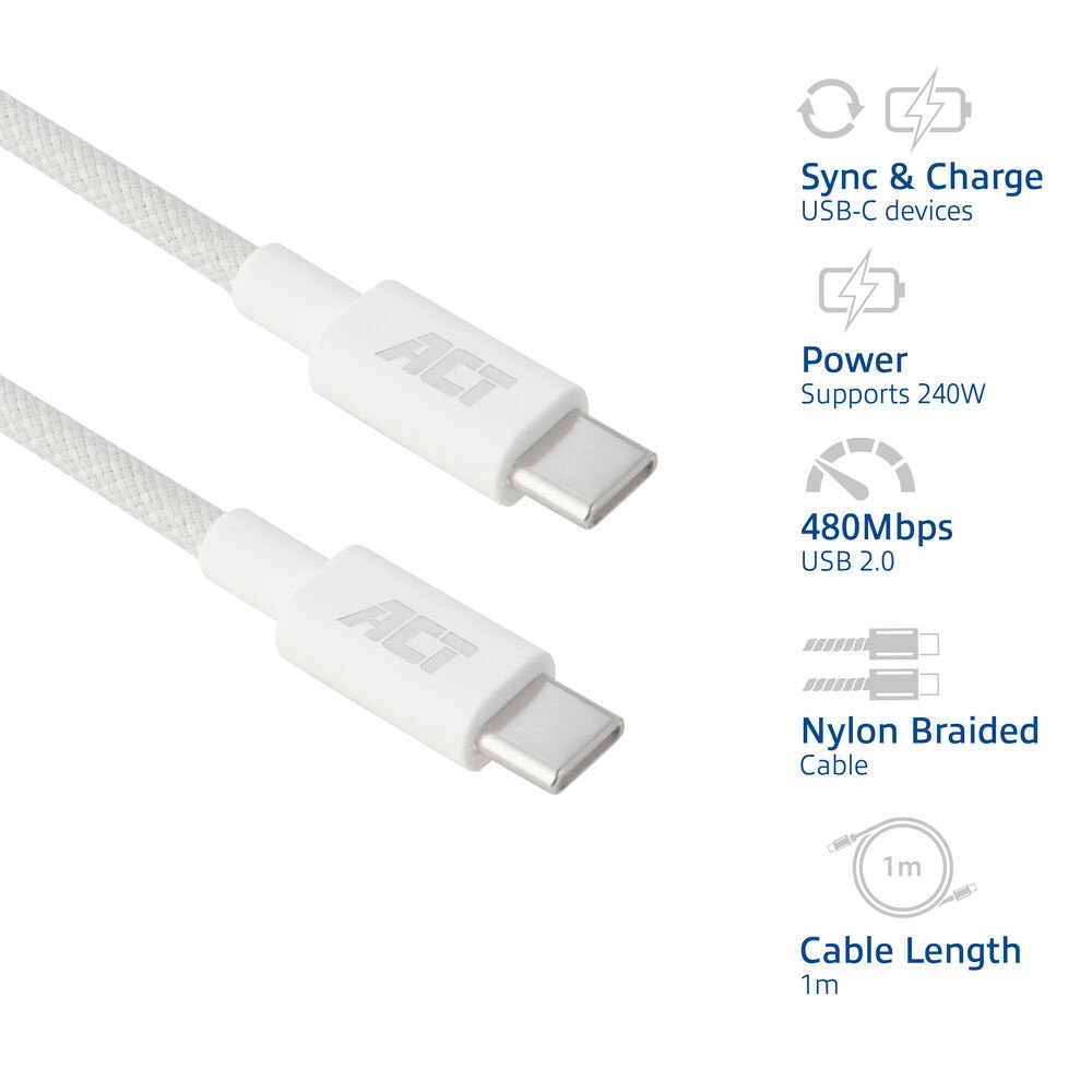 ACT AC3084 | USB 2.0 Kabel | USB-C naar USB-C | 240W | 480Mbps | Wit | 1 Meter 6 ACT AC3084 | USB 2.0 Kabel | USB-C naar USB-C | 240W | 480Mbps | Wit | 1 Meter - Afbeelding 6