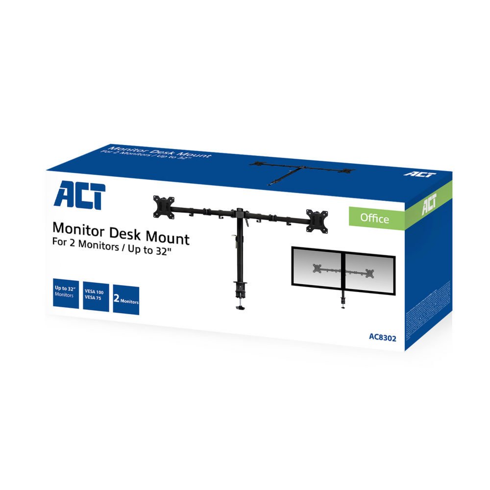 ACT AC8302 | Verstelbare Monitor-bureaubeugel | Tot 32" | Max 8kg | VESA 100x100 | 2 Monitoren 2 ACT AC8302 | Verstelbare Monitor-bureaubeugel | Tot 32" | Max 8kg | VESA 100x100 | 2 Monitoren - Afbeelding 2