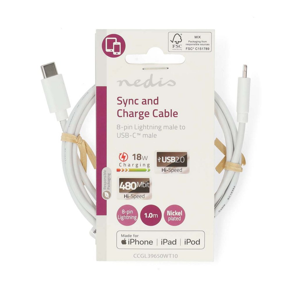 Nedis CCGL39650WT10 | Lightning-naar-USB-C kabel | 1 m | Lightning Male naar USB-C Male | Opladen en synchroniseren | Wit 3 Nedis CCGL39650WT10 | Lightning-naar-USB-C kabel | 1 m | Lightning Male naar USB-C Male | Opladen en synchroniseren | Wit - Afbeelding 3