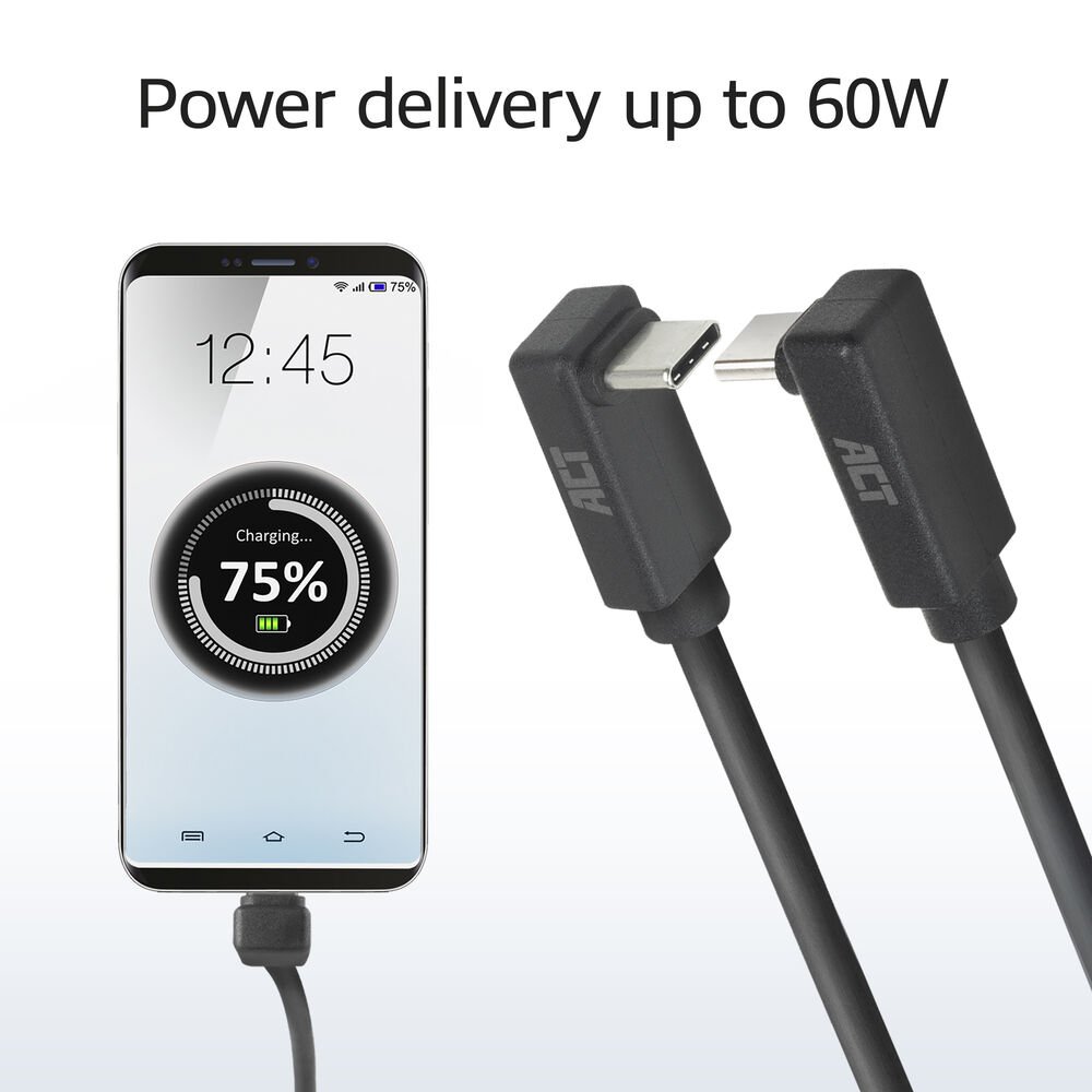 ACT AC7477 | USB 3.2 Gen 2 Kabel | USB-C (haaks boven/beneden) naar USB-C (haaks boven/beneden) | 60W | 10Gbps | 1m | Zwart 3 ACT AC7477 | USB 3.2 Gen 2 Kabel | USB-C (haaks boven/beneden) naar USB-C (haaks boven/beneden) | 60W | 10Gbps | 1m | Zwart - Afbeelding 3