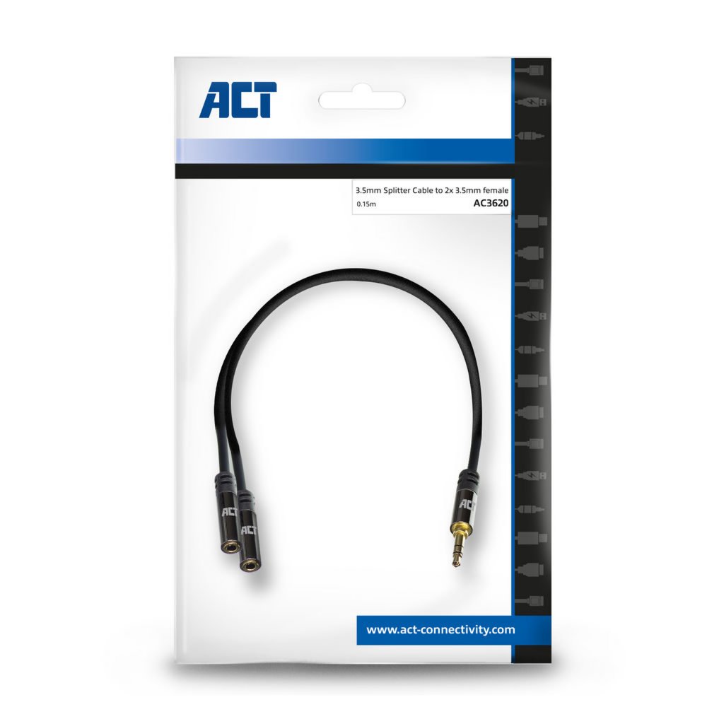 ACT AC3620 | 3.5mm Splitterkabel | 0,15 Meter | 1x Male naar 2x Female | Zwart 3 ACT AC3620 | 3.5mm Splitterkabel | 0,15 Meter | 1x Male naar 2x Female | Zwart - Afbeelding 3