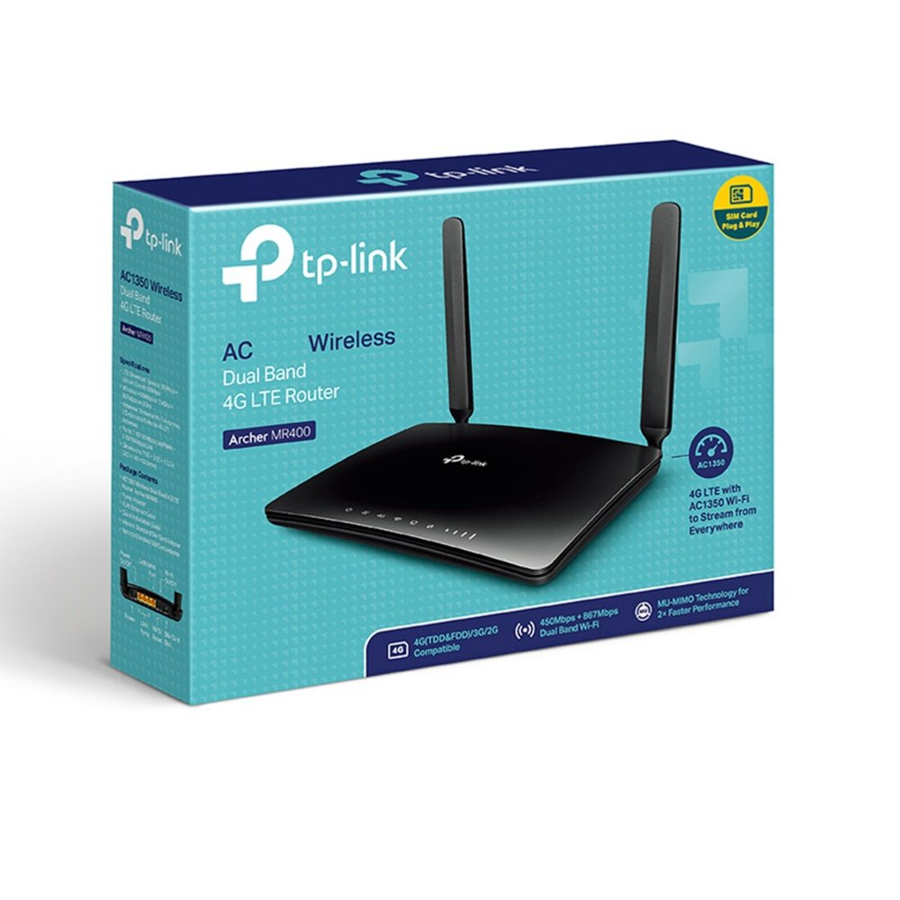 TP-Link Archer MR400 | Draadloze Dual-band Router (2.4 GHz / 5 GHz) | 4G LTE Modem | AC1200 (tot 300 + 867 Mbit/s) | Zwart 2 TP-Link Archer MR400 | Draadloze Dual-band Router (2.4 GHz / 5 GHz) | 4G LTE Modem | AC1200 (tot 300 + 867 Mbit/s) | Zwart - Afbeelding 2