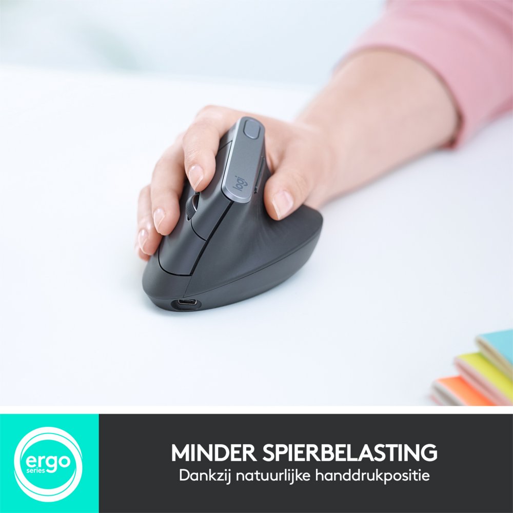 Logitech MX Vertical | Draadloze Ergonomische Muis | Rechtshandig | RF + Bluetooth + USB-C | 4000 DPI suggestie | Grafiet 2 Logitech MX Vertical | Draadloze Ergonomische Muis | Rechtshandig | RF + Bluetooth + USB-C | 4000 DPI suggestie | Grafiet - Afbeelding 2