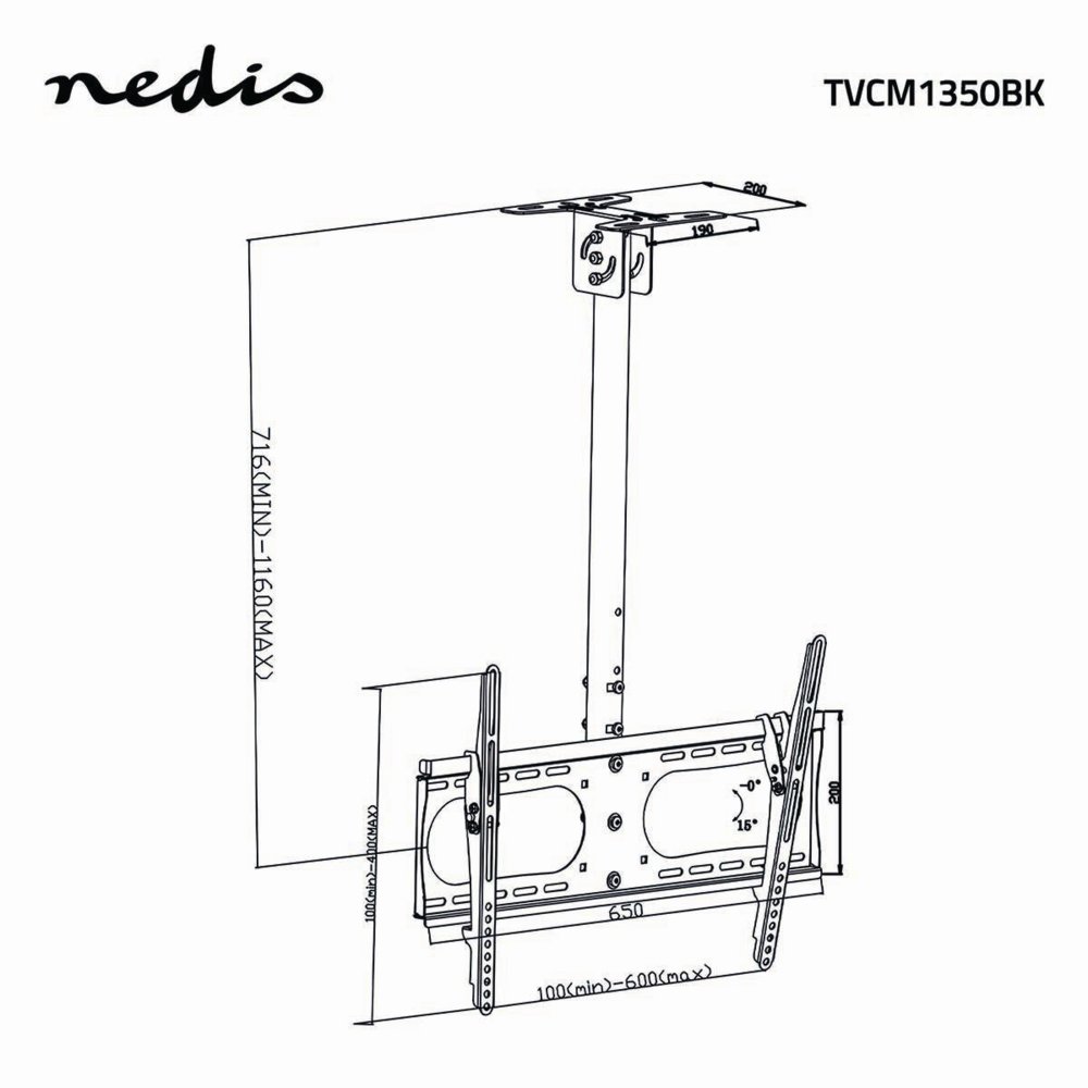Nedis TVCM1350BK | Draai- en kantelbare TV-plafondbeugel | 42''-65'' | max 45kg | VESA 600x400 6 Nedis TVCM1350BK | Draai- en kantelbare TV-plafondbeugel | 42''-65'' | max 45kg | VESA 600x400 - Afbeelding 6