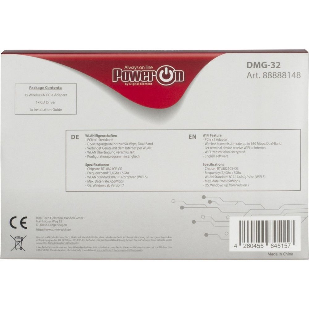 Inter-Tech DMG-32 | Interne WLAN-adapter | PCIe x1 | Wi-Fi 5 (802.11ac) | Dual-band 2,4 & 5 GHz | 650 Mbps | 2x 2dBi antennes 4 Inter-Tech DMG-32 | Interne WLAN-adapter | PCIe x1 | Wi-Fi 5 (802.11ac) | Dual-band 2,4 & 5 GHz | 650 Mbps | 2x 2dBi antennes - Afbeelding 4