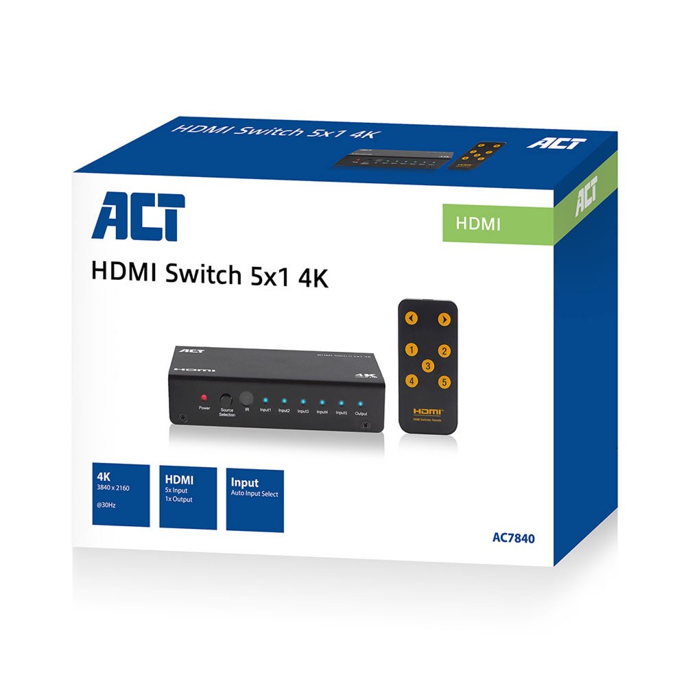 ACT AC7840 HDMI Switch | 5 Ingangen | 1 Uitgang | 4K @ 30Hz | Inclusief Afstandsbediening 8 ACT AC7840 HDMI Switch | 5 Ingangen | 1 Uitgang | 4K @ 30Hz | Inclusief Afstandsbediening - Afbeelding 8
