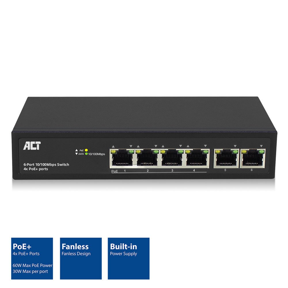 ACT AC4430 | Unmanaged Switch | 6 Poorten | Fast Ethernet (10/100 Mbps) | 4× PoE+ | PoE-budget 60W 2 ACT AC4430 | Unmanaged Switch | 6 Poorten | Fast Ethernet (10/100 Mbps) | 4× PoE+ | PoE-budget 60W - Afbeelding 2