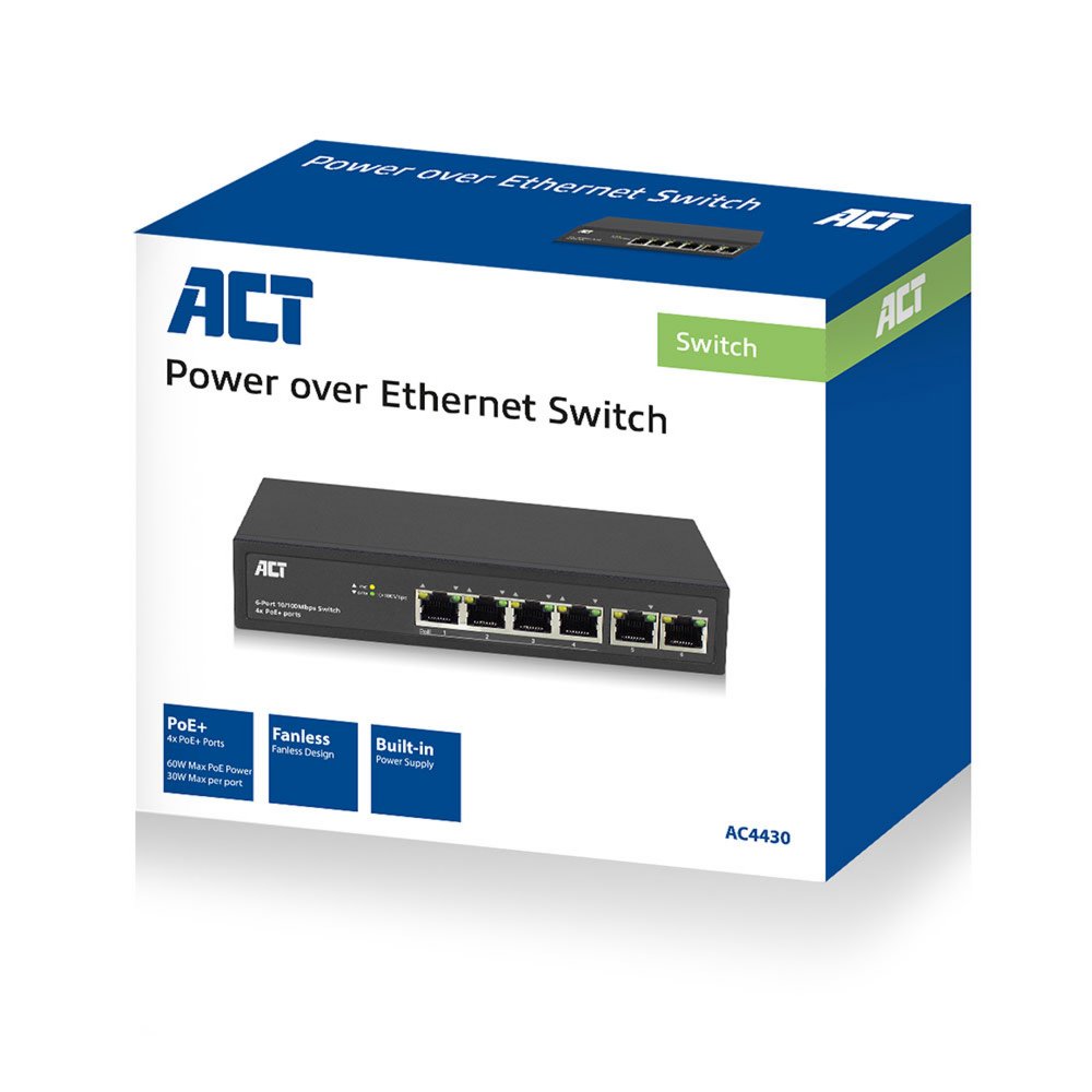 ACT AC4430 | Unmanaged Switch | 6 Poorten | Fast Ethernet (10/100 Mbps) | 4× PoE+ | PoE-budget 60W 4 ACT AC4430 | Unmanaged Switch | 6 Poorten | Fast Ethernet (10/100 Mbps) | 4× PoE+ | PoE-budget 60W - Afbeelding 4