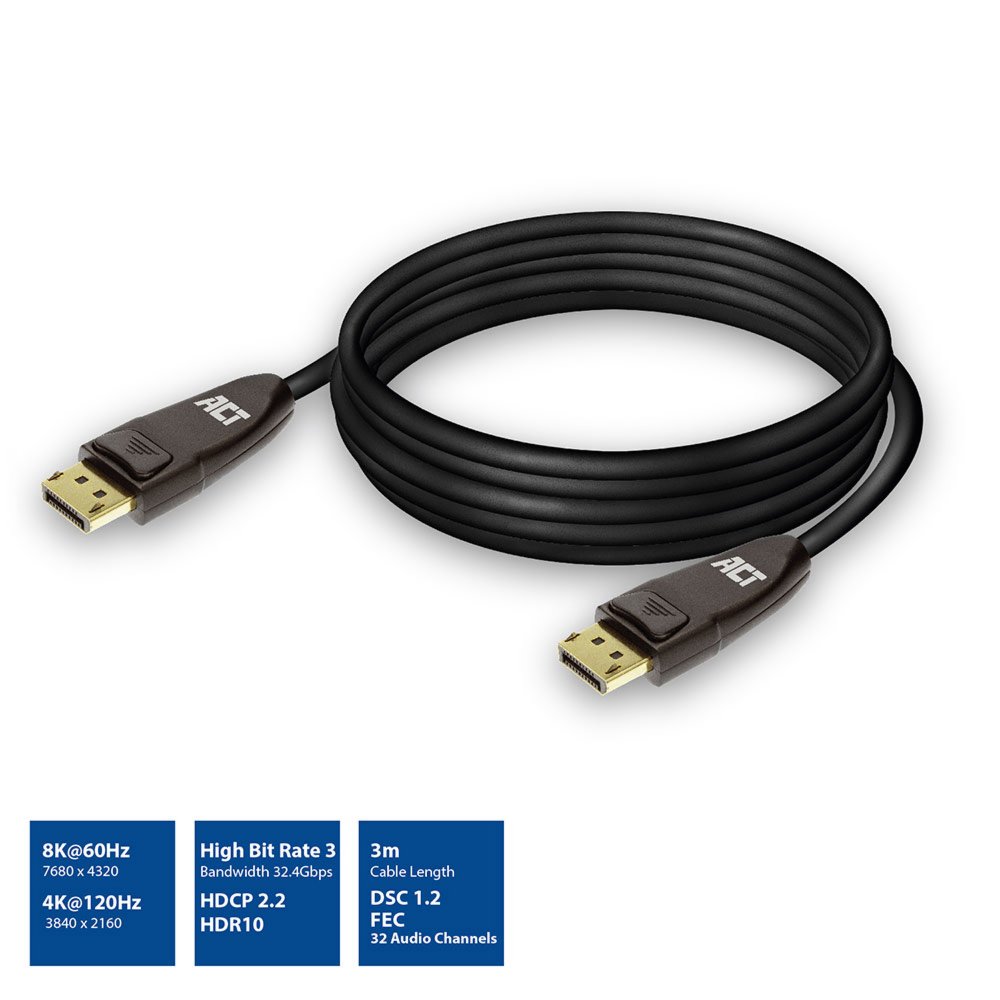 ACT AC4074 | DisplayPort 1.4 Kabel | 3 meter | 8K @60Hz | 4K @120Hz 2 ACT AC4074 | DisplayPort 1.4 Kabel | 3 meter | 8K @60Hz | 4K @120Hz - Afbeelding 2