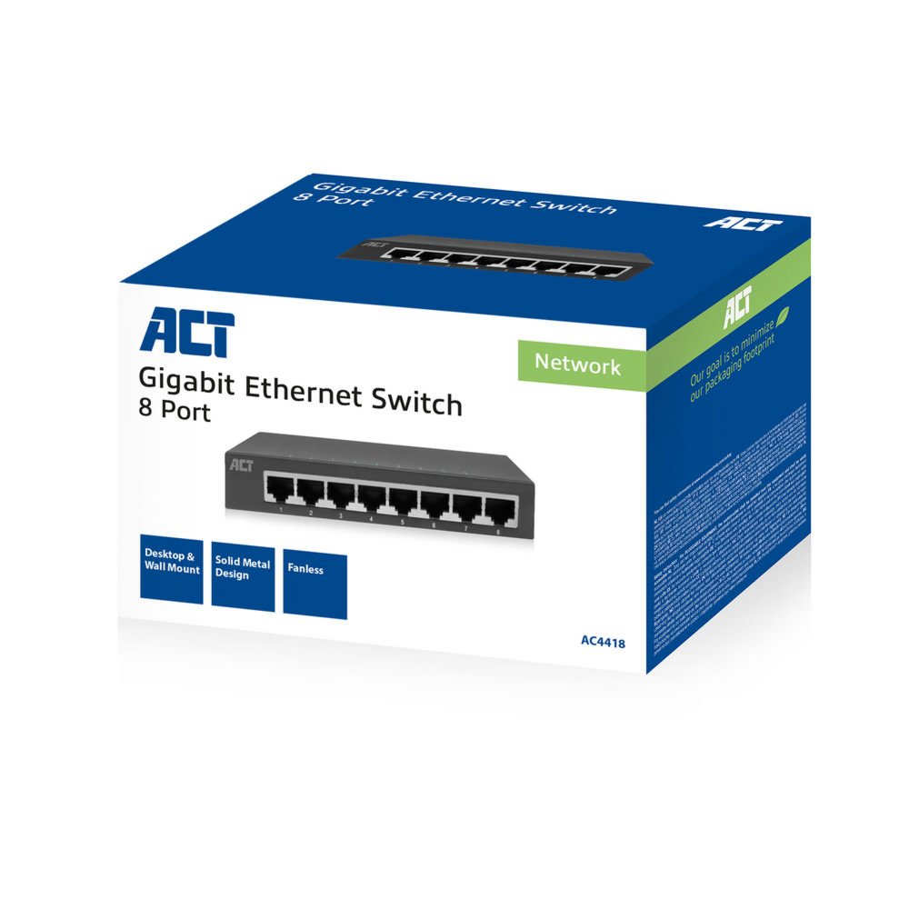 ACT AC4418 | Unmanaged Switch | 8 Poorten | Gigabit Ethernet | Grijs | Plug & Play 2 ACT AC4418 | Unmanaged Switch | 8 Poorten | Gigabit Ethernet | Grijs | Plug & Play - Afbeelding 2