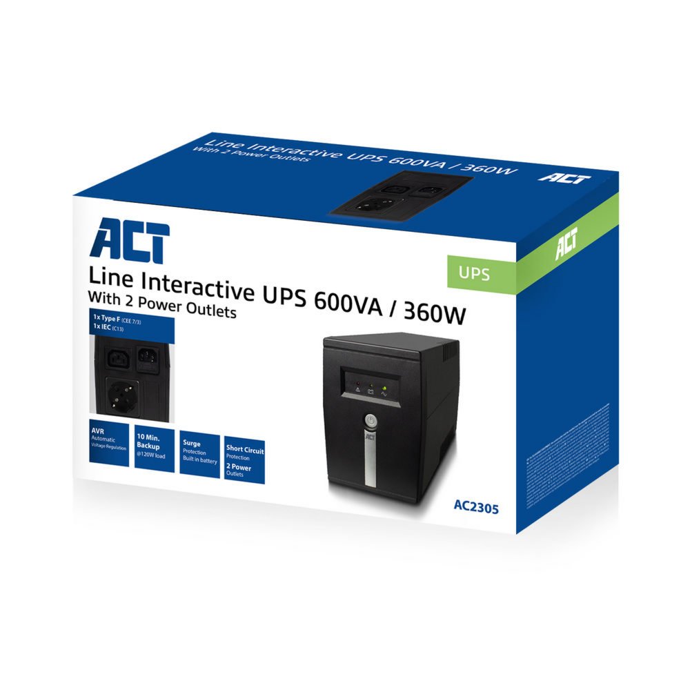 ACT AC2305 Line-Interactive UPS | 600 VA | 2 Stopcontacten (1x C13, 1x Type F) | AVR Spanningstabilisatie | Bescherming tegen Stroomstoringen 2 1x Type F) | AVR Spanningstabilisatie | Bescherming tegen Stroomstoringen