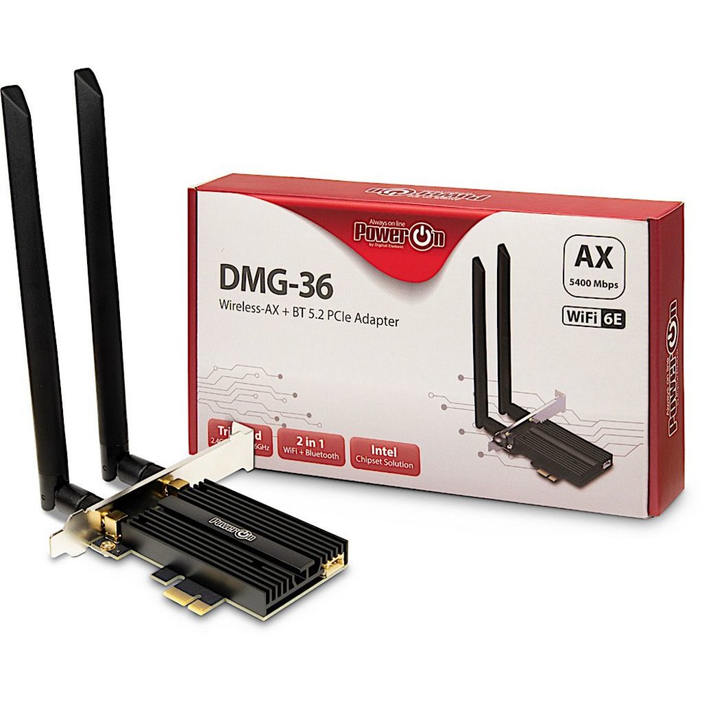 Inter-Tech DMG-36 Interne Adapter | WLAN: 802.11 a/b/g/n/ac/ax (Wi-Fi 6E) | Tot 5400 Mbit/s | Bluetooth 5.2 1 Inter-Tech DMG-36 Interne Adapter | WLAN: 802.11 a/b/g/n/ac/ax (Wi-Fi 6E) | Tot 5400 Mbit/s | Bluetooth 5.2