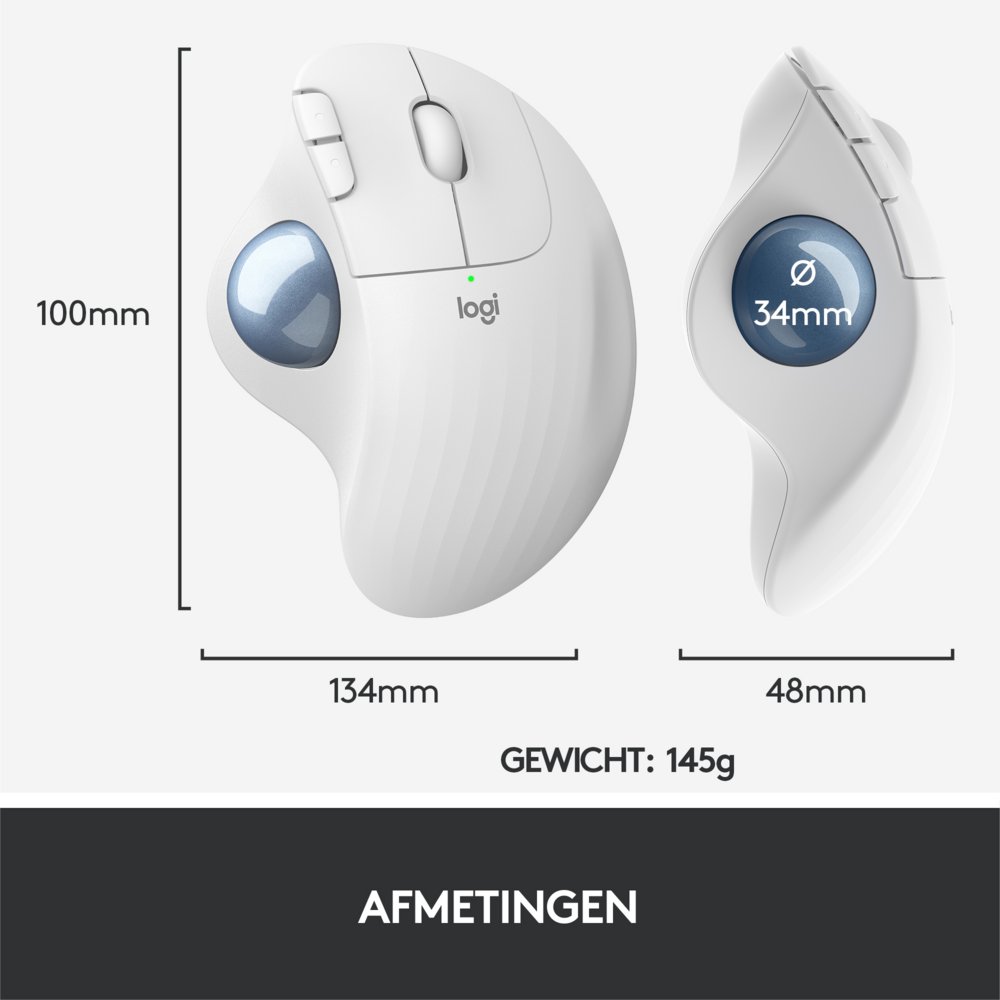 Logitech M575 Ergo Trackball | Ergonomische Draadloze Muis | Rechtshandig | RF + Bluetooth | 2000 DPI | Wit 9 Logitech M575 Ergo Trackball | Ergonomische Draadloze Muis | Rechtshandig | RF + Bluetooth | 2000 DPI | Wit - Afbeelding 9