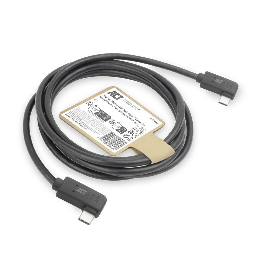 ACT AC7487 | USB 3.2 Gen 2 Kabel | USB-C (haaks links/rechts) naar USB-C (haaks links/rechts) | 60W | 10Gbps | 1m | Zwart 7 ACT AC7487 | USB 3.2 Gen 2 Kabel | USB-C (haaks links/rechts) naar USB-C (haaks links/rechts) | 60W | 10Gbps | 1m | Zwart - Afbeelding 7