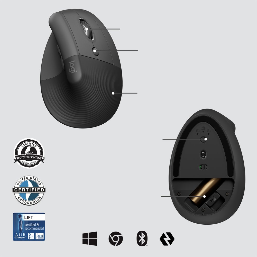 Logitech Lift for Business | Ergonomische Draadloze Muis | Rechtshandig | RF + Bluetooth | 4000 DPI | Grafiet 6 Logitech Lift for Business | Ergonomische Draadloze Muis | Rechtshandig | RF + Bluetooth | 4000 DPI | Grafiet - Afbeelding 6