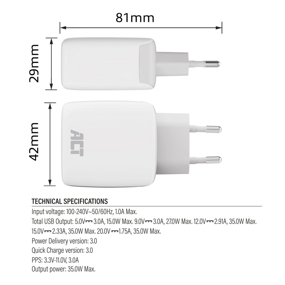 ACT AC2135 | USB-C Lader 35W | Power Delivery PPS & GaNFast 8 ACT AC2135 | USB-C Lader 35W | Power Delivery PPS & GaNFast - Afbeelding 8