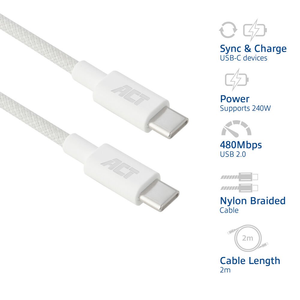 ACT AC3085 | USB 2.0 Kabel | USB-C naar USB-C | 240W | 480Mbps | Wit | 2 Meter 6 ACT AC3085 | USB 2.0 Kabel | USB-C naar USB-C | 240W | 480Mbps | Wit | 2 Meter - Afbeelding 6