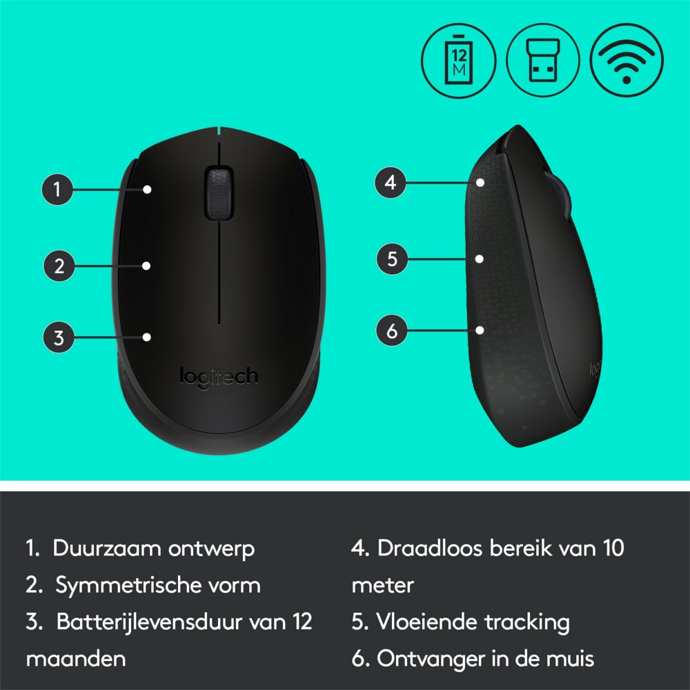 Logitech M171 | Draadloze Muis | Links- en Rechtshandig | RF | 1000 DPI | Zwart 8 Logitech M171 | Draadloze Muis | Links- en Rechtshandig | RF | 1000 DPI | Zwart - Afbeelding 8