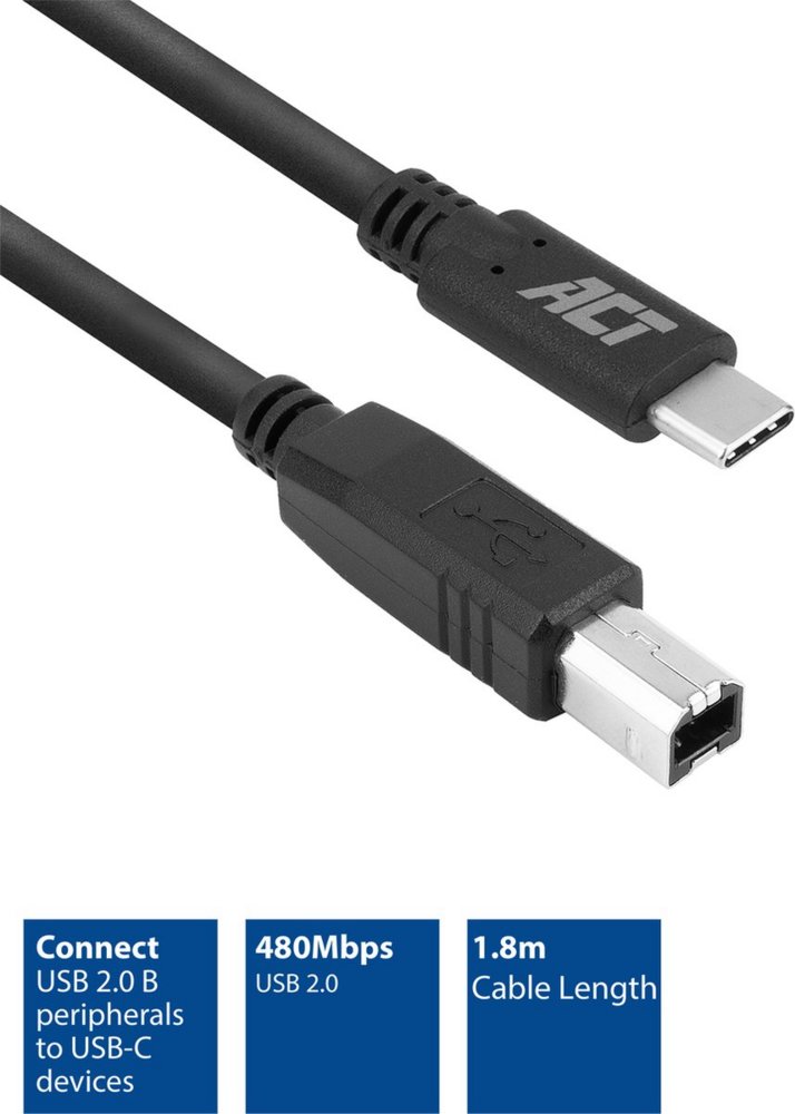 ACT | USB 2.0 Kabel | USB-C naar USB-B | 1,8m | Zwart 2 8m | Zwart