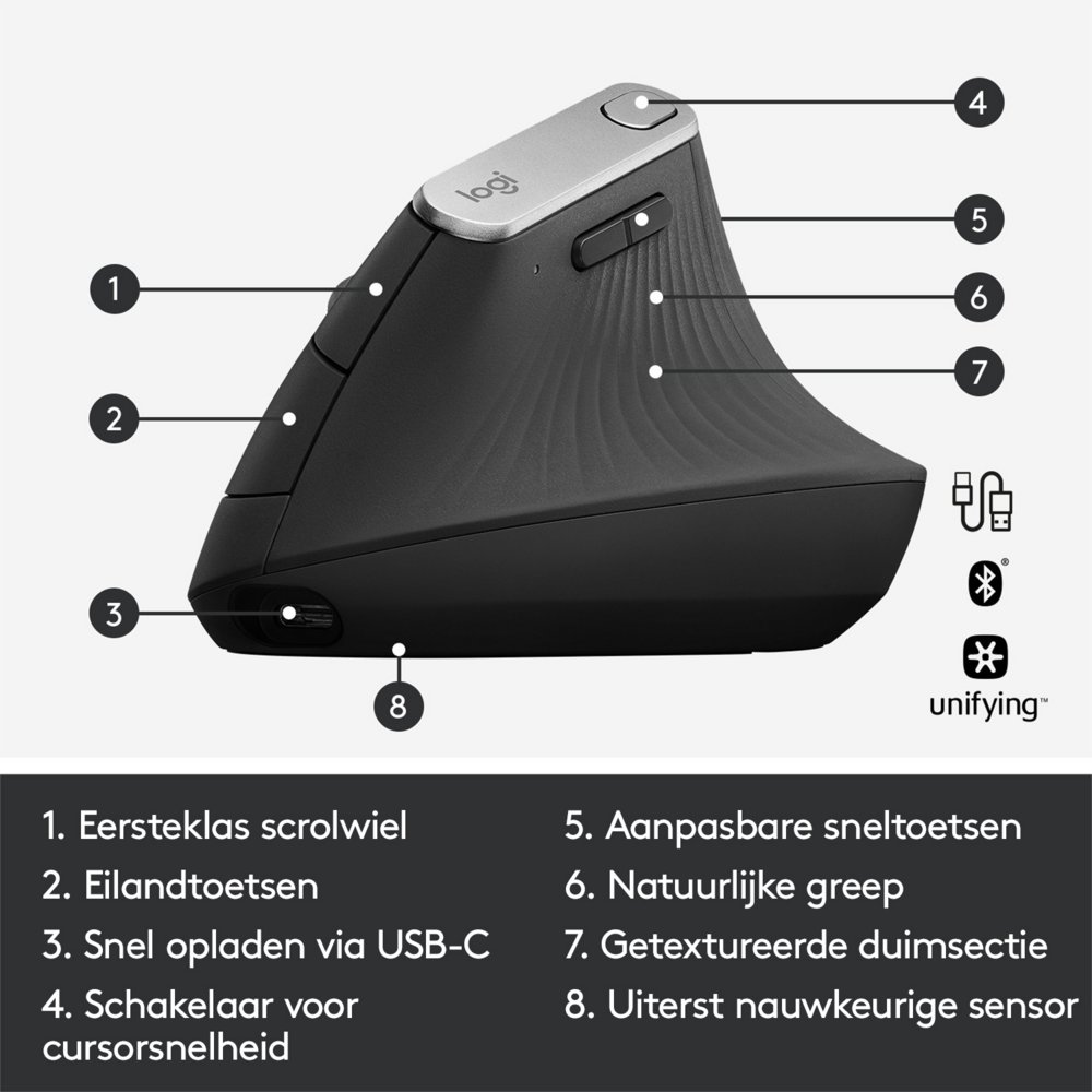 Logitech MX Vertical | Draadloze Ergonomische Muis | Rechtshandig | RF + Bluetooth + USB-C | 4000 DPI suggestie | Grafiet 6 Logitech MX Vertical | Draadloze Ergonomische Muis | Rechtshandig | RF + Bluetooth + USB-C | 4000 DPI suggestie | Grafiet - Afbeelding 6