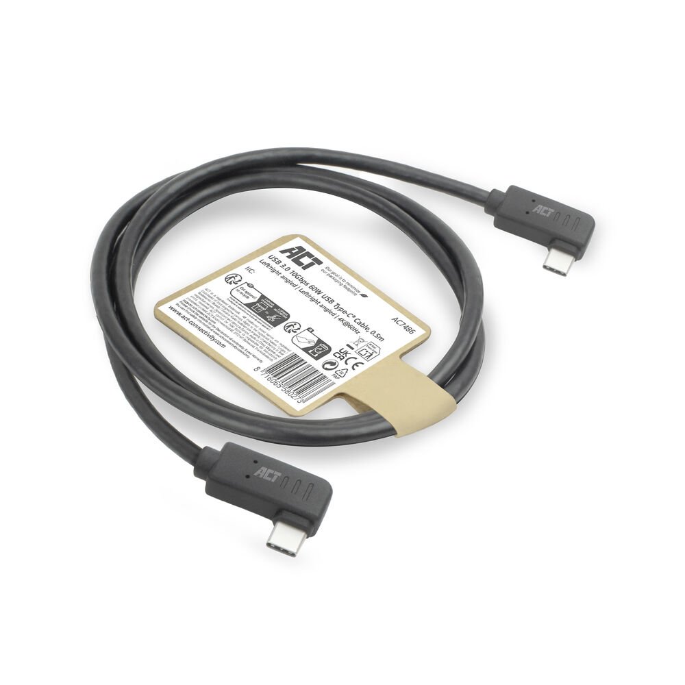 ACT AC7486 | USB 3.2 Gen 2 Kabel | USB-C (haaks links/rechts) naar USB-C (haaks links/rechts) | 60W | 10Gbps | 0,5m | Zwart 7 ACT AC7486 | USB 3.2 Gen 2 Kabel | USB-C (haaks links/rechts) naar USB-C (haaks links/rechts) | 60W | 10Gbps | 0,5m | Zwart - Afbeelding 7