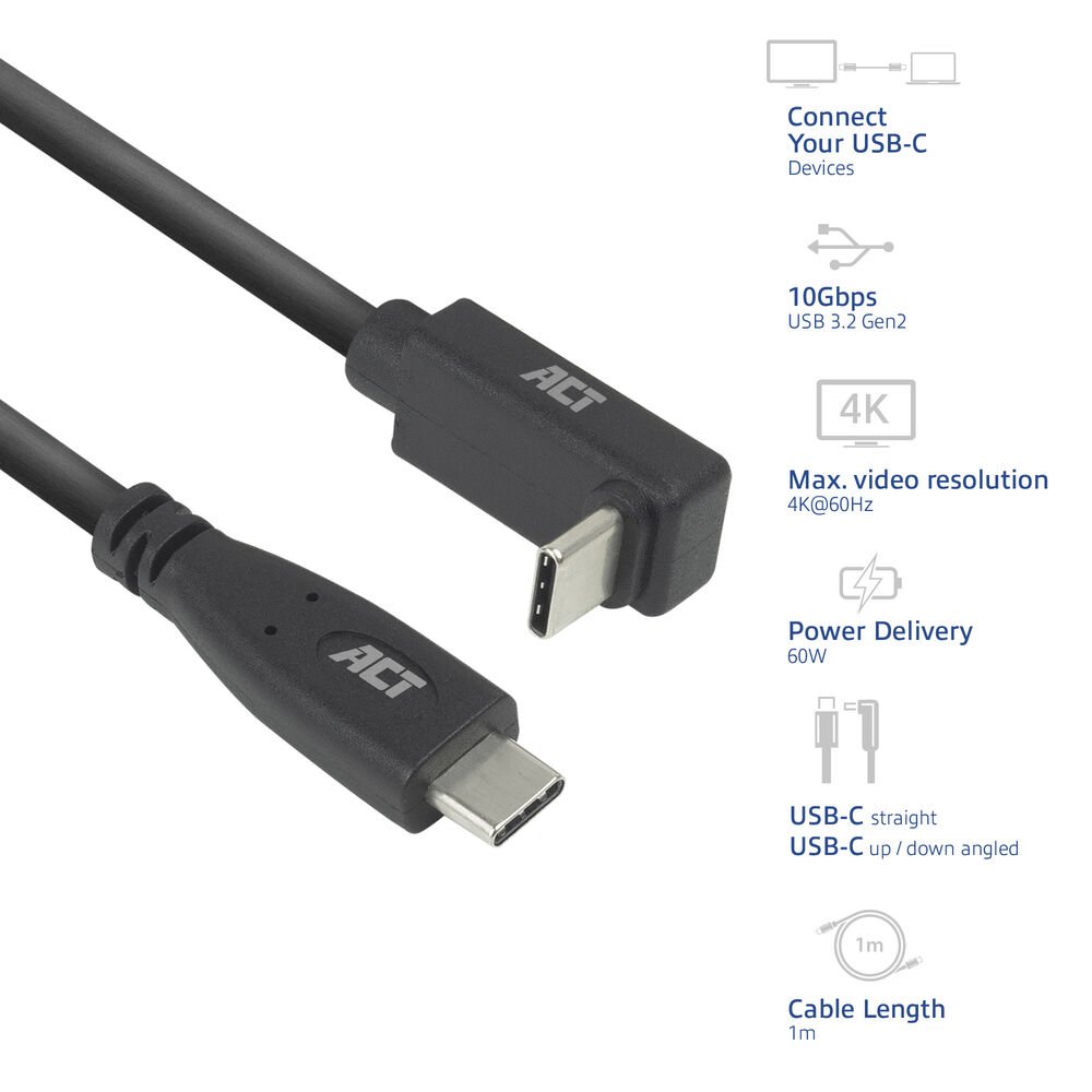 ACT AC7471 | USB 3.2 Gen 2 Kabel | USB-C (recht) naar USB-C (haaks boven/beneden) | 60W | 10Gbps | 1m | Zwart 6 ACT AC7471 | USB 3.2 Gen 2 Kabel | USB-C (recht) naar USB-C (haaks boven/beneden) | 60W | 10Gbps | 1m | Zwart - Afbeelding 6